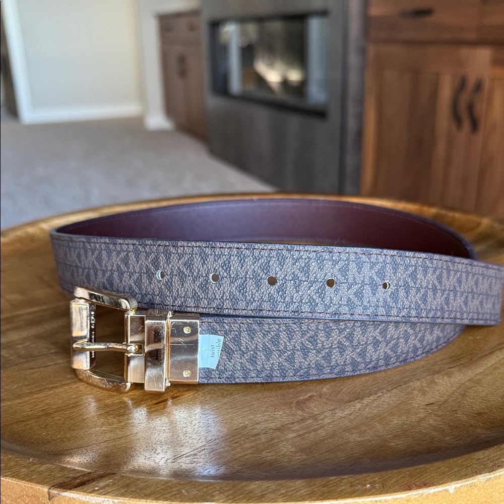 Michael Kors Brown Logo Belt with Gold Buckle